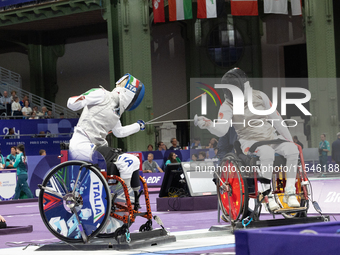 Beatrice Maria ''Bebe'' Vio Grandis of Italy competes against Rong Xiao of China during the Women's Foil Category B Semifinal at Gran Palais...