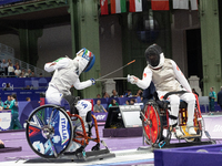 Beatrice Maria ''Bebe'' Vio Grandis of Italy competes against Rong Xiao of China during the Women's Foil Category B Semifinal at Gran Palais...