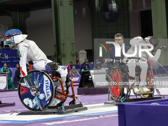 Beatrice Maria ''Bebe'' Vio Grandis of Italy competes against Rong Xiao of China during the Women's Foil Category B Semifinal at Gran Palais...