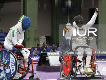 Beatrice Maria ''Bebe'' Vio Grandis of Italy competes against Rong Xiao of China during the Women's Foil Category B Semifinal at Gran Palais...