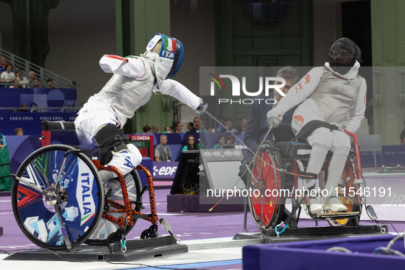 Beatrice Maria ''Bebe'' Vio Grandis of Italy competes against Rong Xiao of China during the Women's Foil Category B Semifinal at Gran Palais...