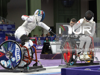 Beatrice Maria ''Bebe'' Vio Grandis of Italy competes against Rong Xiao of China during the Women's Foil Category B Semifinal at Gran Palais...