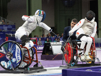 Beatrice Maria ''Bebe'' Vio Grandis of Italy competes against Rong Xiao of China during the Women's Foil Category B Semifinal at Gran Palais...