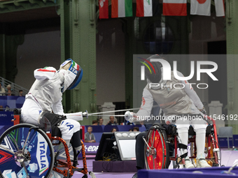 Beatrice Maria ''Bebe'' Vio Grandis of Italy competes against Rong Xiao of China during the Women's Foil Category B Semifinal at Gran Palais...