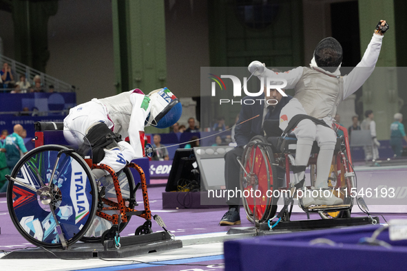 Beatrice Maria ''Bebe'' Vio Grandis of Italy competes against Rong Xiao of China during the Women's Foil Category B Semifinal at Gran Palais...