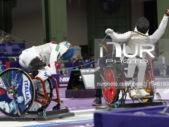 Beatrice Maria ''Bebe'' Vio Grandis of Italy competes against Rong Xiao of China during the Women's Foil Category B Semifinal at Gran Palais...