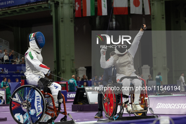 Beatrice Maria ''Bebe'' Vio Grandis of Italy competes against Rong Xiao of China during the Women's Foil Category B Semifinal at Gran Palais...