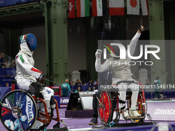 Beatrice Maria ''Bebe'' Vio Grandis of Italy competes against Rong Xiao of China during the Women's Foil Category B Semifinal at Gran Palais...