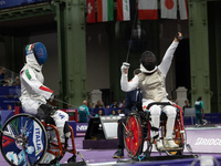 Beatrice Maria ''Bebe'' Vio Grandis of Italy competes against Rong Xiao of China during the Women's Foil Category B Semifinal at Gran Palais...