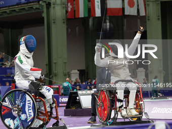 Beatrice Maria ''Bebe'' Vio Grandis of Italy competes against Rong Xiao of China during the Women's Foil Category B Semifinal at Gran Palais...