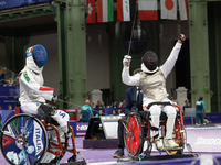 Beatrice Maria ''Bebe'' Vio Grandis of Italy competes against Rong Xiao of China during the Women's Foil Category B Semifinal at Gran Palais...