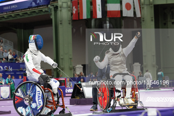 Beatrice Maria ''Bebe'' Vio Grandis of Italy competes against Rong Xiao of China during the Women's Foil Category B Semifinal at Gran Palais...