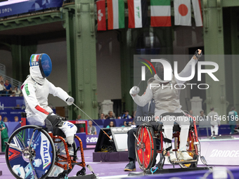 Beatrice Maria ''Bebe'' Vio Grandis of Italy competes against Rong Xiao of China during the Women's Foil Category B Semifinal at Gran Palais...