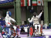 Beatrice Maria ''Bebe'' Vio Grandis of Italy competes against Rong Xiao of China during the Women's Foil Category B Semifinal at Gran Palais...