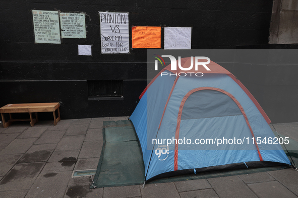 A tent stands outside the Supreme Court of Justice of the Nation in Mexico City, Mexico, on September 4, 2024, where a work stoppage and clo...