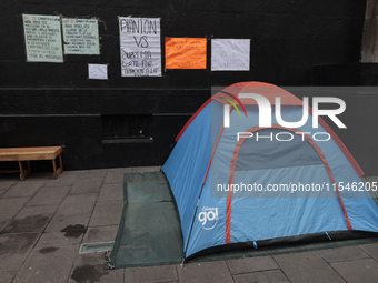 A tent stands outside the Supreme Court of Justice of the Nation in Mexico City, Mexico, on September 4, 2024, where a work stoppage and clo...