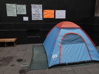 A tent stands outside the Supreme Court of Justice of the Nation in Mexico City, Mexico, on September 4, 2024, where a work stoppage and clo...