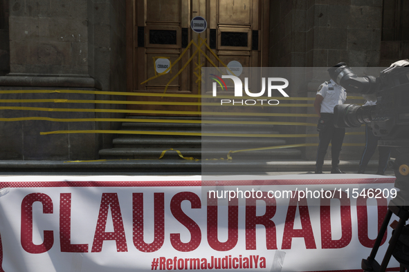 Police guard the exterior of the Supreme Court of Justice of the Nation in Mexico City, Mexico, on September 4, 2024, where a work stoppage...