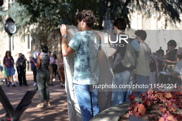 Pro-Palestine demonstrators protest at Georgetown University in Washington, D.C. on September 4, 2024. 