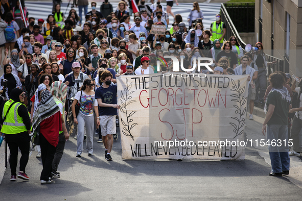 Pro-Palestine demonstrators protest at Georgetown University in Washington, D.C. on September 4, 2024. 