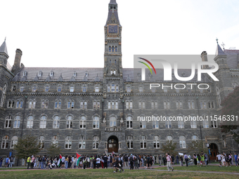 Pro-Palestine demonstrators protest on the steps of Healy Hall at Georgetown University in Washington, D.C. on September 4, 2024. (