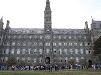 Pro-Palestine demonstrators protest on the steps of Healy Hall at Georgetown University in Washington, D.C. on September 4, 2024. (