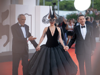 Venice Film Festival Director Alberto Barbera, Lady Gaga, and Biennale President Pietrangelo Buttafuoco attend the ''Joker: Folie a Deux'' r...