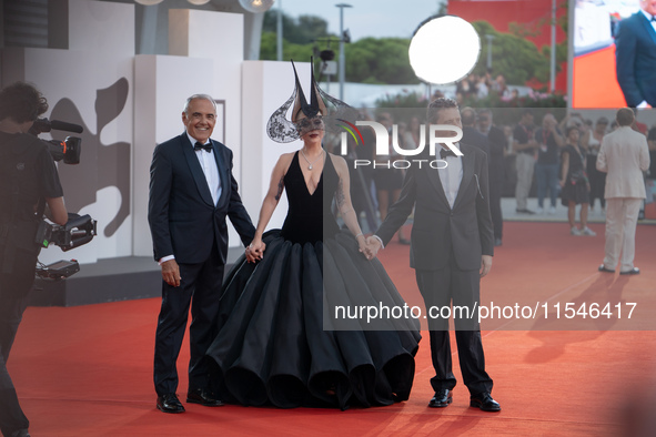 Venice Film Festival Director Alberto Barbera, Lady Gaga, and Biennale President Pietrangelo Buttafuoco attend the ''Joker: Folie a Deux'' r...