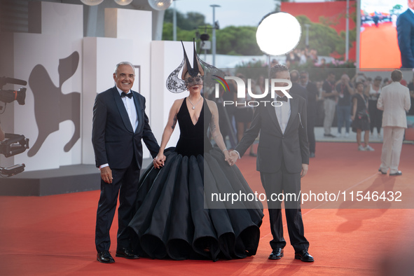 Venice Film Festival Director Alberto Barbera, Lady Gaga, and Biennale President Pietrangelo Buttafuoco attend the ''Joker: Folie a Deux'' r...