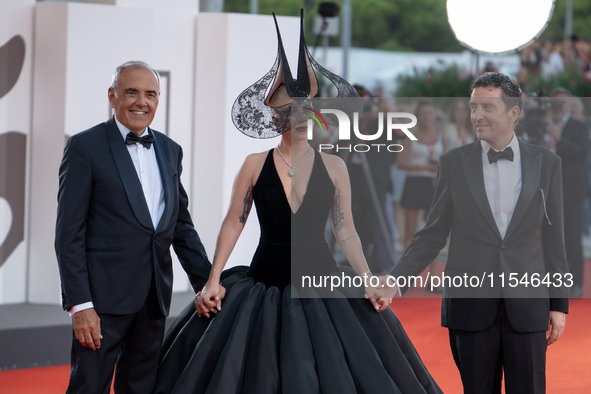 Venice Film Festival Director Alberto Barbera, Lady Gaga, and Biennale President Pietrangelo Buttafuoco attend the ''Joker: Folie a Deux'' r...