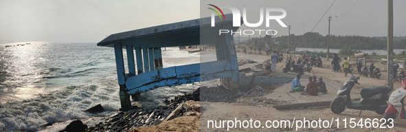 Platform is destroyed by strong ocean tides along Paruthiyoor Beach in Paruthiyoor, Kerala, India, on April 15, 2024. 