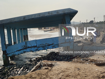 Platform is destroyed by strong ocean tides along Paruthiyoor Beach in Paruthiyoor, Kerala, India, on April 15, 2024. (