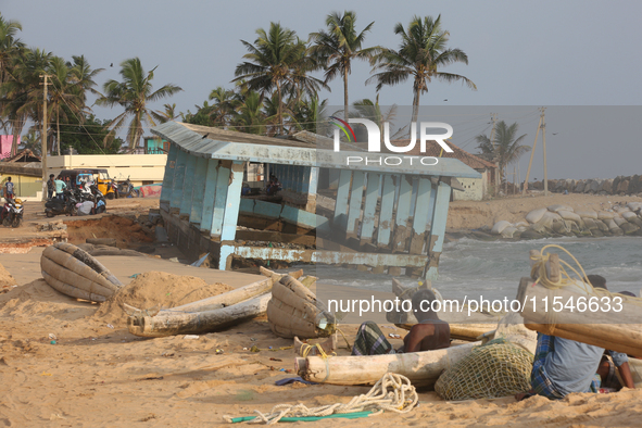 Platform is destroyed by strong ocean tides along Paruthiyoor Beach in Paruthiyoor, Kerala, India, on April 15, 2024. 