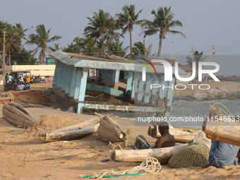 Platform is destroyed by strong ocean tides along Paruthiyoor Beach in Paruthiyoor, Kerala, India, on April 15, 2024. (