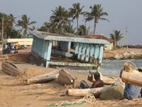 Platform is destroyed by strong ocean tides along Paruthiyoor Beach in Paruthiyoor, Kerala, India, on April 15, 2024. (