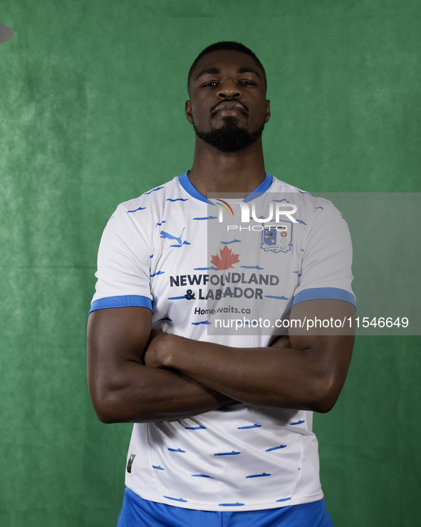 Emile Acquah of Barrow during the Barrow AFC Photocall at Holker Street in Barrow-in-Furness, England, on September 4, 2024. 