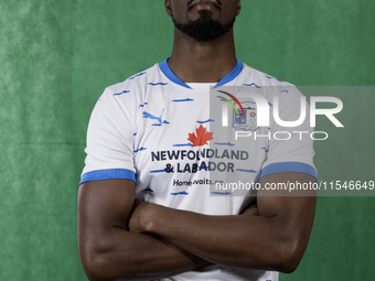 Emile Acquah of Barrow during the Barrow AFC Photocall at Holker Street in Barrow-in-Furness, England, on September 4, 2024. (