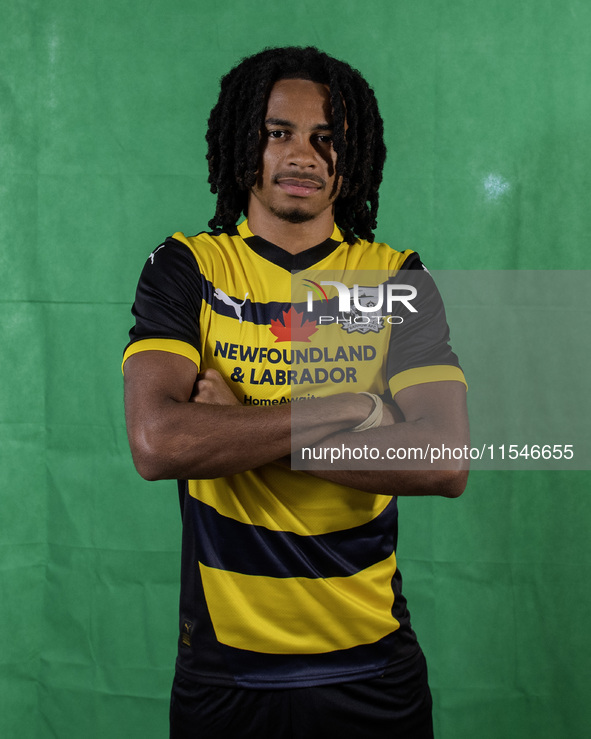 Barrow's Neo Eccleston during the Barrow AFC Photocall at Holker Street in Barrow-in-Furness, England, on September 4, 2024. 