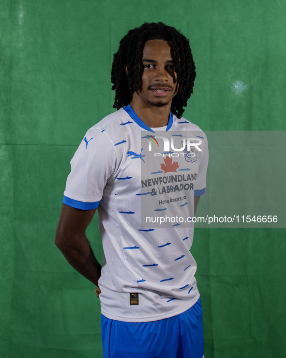 Barrow's Neo Eccleston during the Barrow AFC Photocall at Holker Street in Barrow-in-Furness, England, on September 4, 2024. 