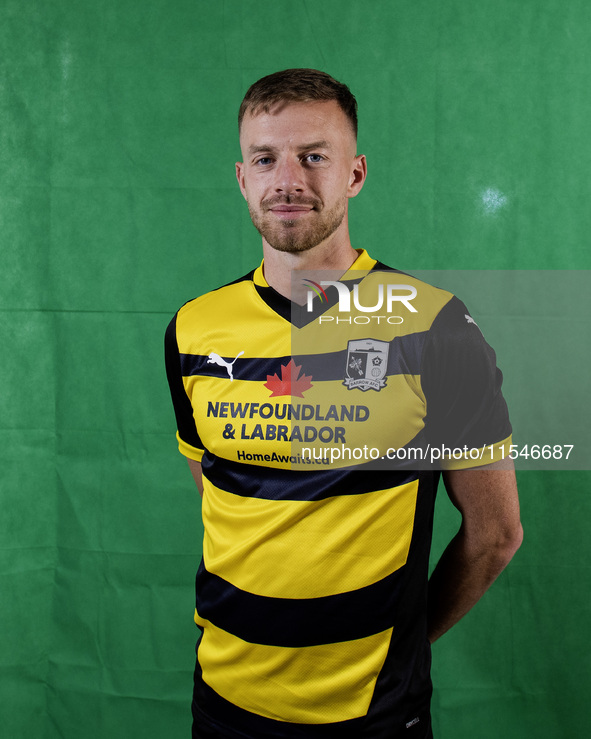 Elliot Newby of Barrow during the Barrow AFC Photocall at Holker Street in Barrow-in-Furness, on September 4, 2024. 