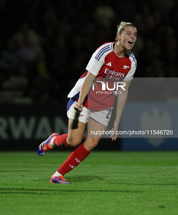 Alessia Russo celebrates her goal during the UEFA Women's Champions League Group Three 1st Round Semi-Final match between Arsenal and Glasgo...