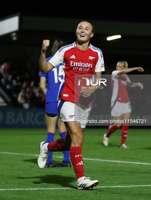 Caitlin Ford celebrates her 4th goal during the UEFA Women's Champions League Group Three 1st Round Semi-Final match between Arsenal and Gla...