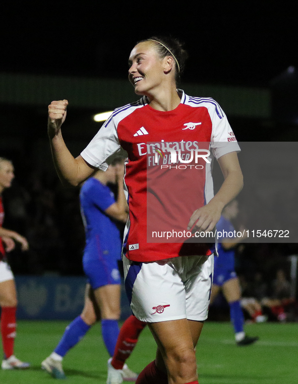 Caitlin Ford celebrates her 4th goal during the UEFA Women's Champions League Group Three 1st Round Semi-Final match between Arsenal and Gla...