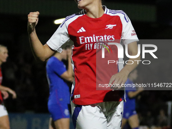 Caitlin Ford celebrates her 4th goal during the UEFA Women's Champions League Group Three 1st Round Semi-Final match between Arsenal and Gla...