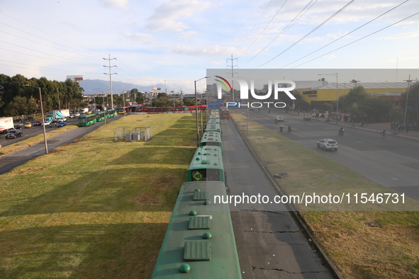 Buses of Bogota's public transport system, Transmilenio, stop by truckers in Bogota, Colombia, on September 4, 2024. Truckers mainly protest...