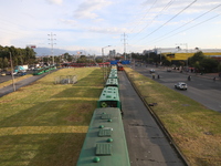 Buses of Bogota's public transport system, Transmilenio, stop by truckers in Bogota, Colombia, on September 4, 2024. Truckers mainly protest...