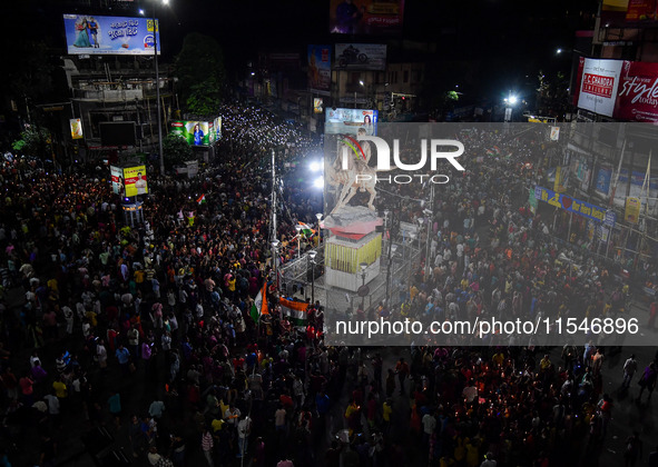 Citizens block a street in Kolkata, India, on September 4, 2024, to protest against the rape and murder of a second-year doctor at RG Kar Me...