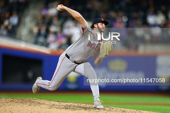 Boston Red Sox pitcher Justin Slaten #63 throws during the seventh inning of the baseball game against the New York Mets at Citi Field in Co...