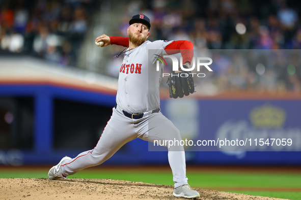 Boston Red Sox pitcher Zack Kelly #76 throws during the sixth inning of the baseball game against the New York Mets at Citi Field in Corona,...