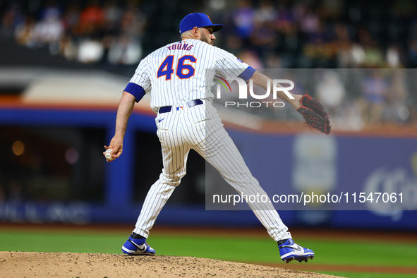 New York Mets relief pitcher Alex Young #46 throws during the fifth inning of the baseball game against the Boston Red Sox at Citi Field in...